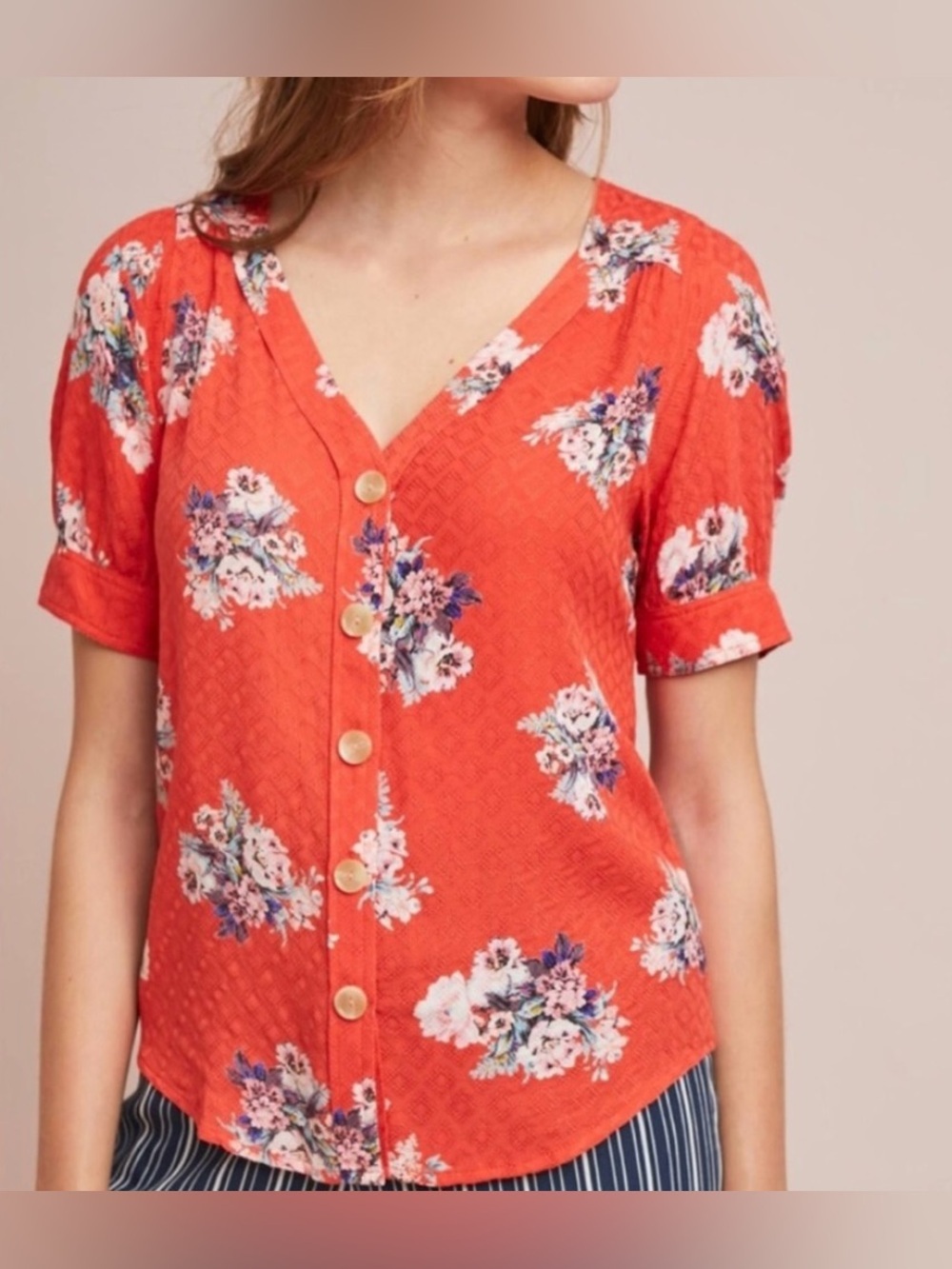 Maeve by Anthropologie Coral Floral Button-Down V-Neck Blouse - Size 12